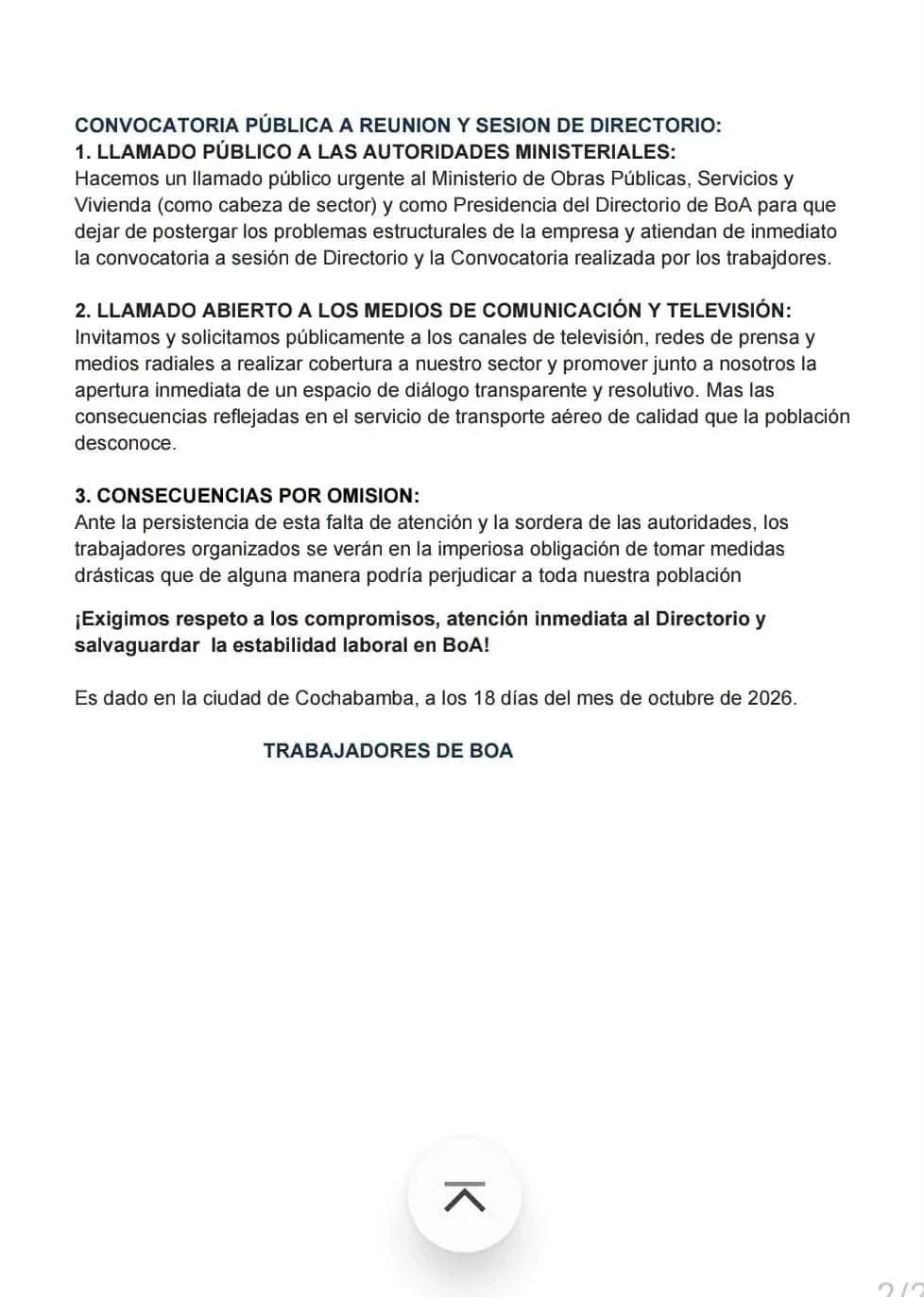 Segunda página del pronunciamiento de los trabajadores de BoA, en la que exigen una reunión urgente del Directorio y advierten posibles medidas de presión.