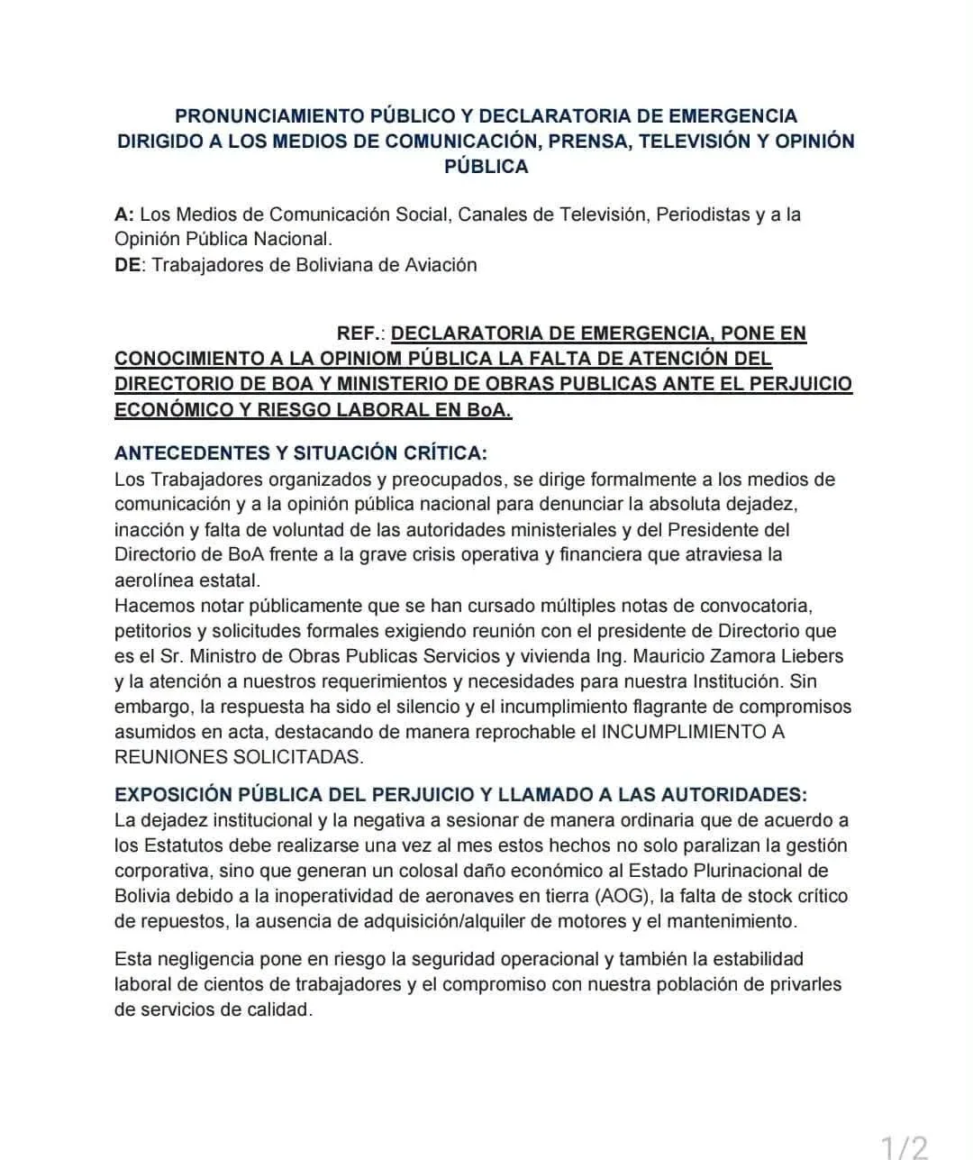 Primera página del pronunciamiento público emitido por trabajadores de Boliviana de Aviación.