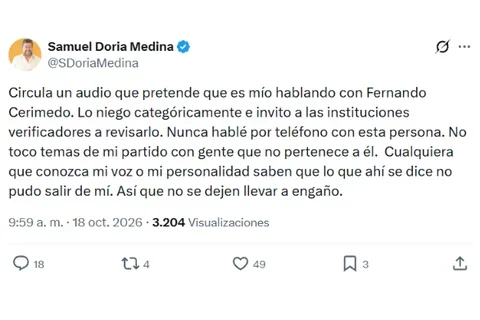 Publicacion en X en la cuenta de Samuel Doria Medina