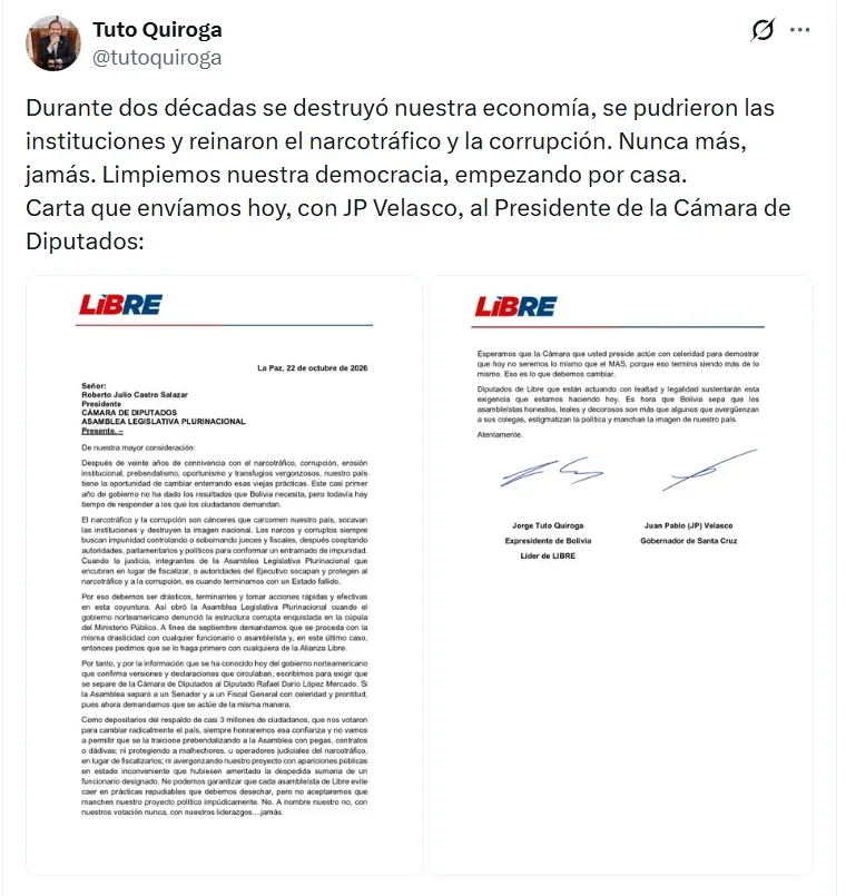 Imagen tomada de una publicación difundida en la cuenta de X de Jorge Tuto Quiroga (@tutoquiroga).