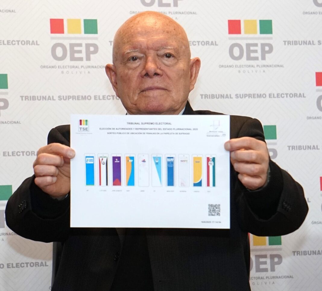 Autoridades del TSE muestran la papeleta de sufragio con el orden sorteado de las organizaciones políticas para las Elecciones Generales 2025 en Bolivia.